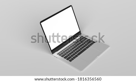 Laptop in angled position with blank screen isolated on grey background.  Laptop mockup template. 3D Rendering