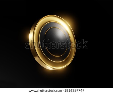 Shiny black and gold button. Abstract 3d element on black background. Render.