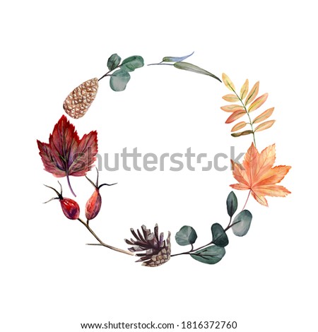 Watercolor hand painted fall wreath with autumn leaves, rose hip branches and cones. Delicate arrangement is perfect for thanksgiving greeting cards or autumn wedding or party invitations.