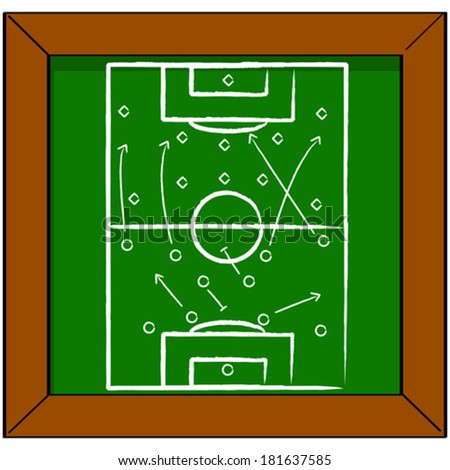 Cartoon vector illustration showing a soccer pitch drawn on a blackboard with some tactics for a match