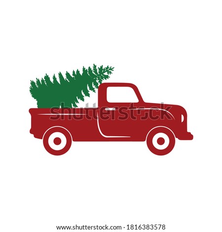 Christmas red truck with pine tree vector, White Background 