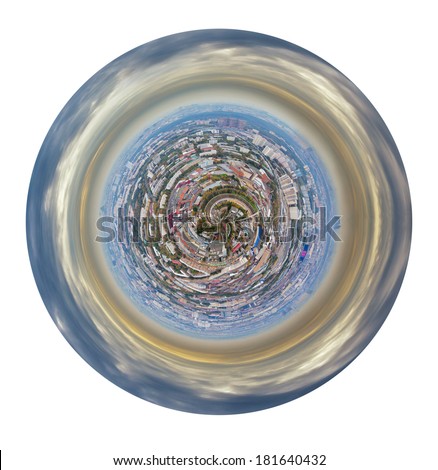 little planet - urban spherical panorama of Moscow residential district under autumn sky isolated on white background