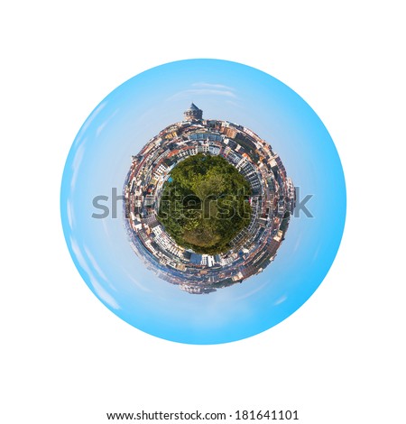 little planet - urban spherical panorama of Istanbul Turkey with view on tower and Galata district isolated on white background