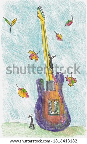 light brown electric guitar on a background of falling autumn leaves with two black men