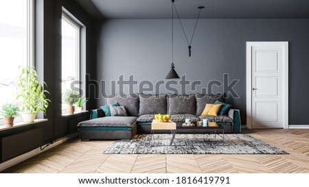 Modern interior design, in a spacious room, next to a table with flowers against a gray wall.
Bright, spacious room with a comfortable sofa, plants and elegant accessories. Royalty-Free Stock Photo #1816419791