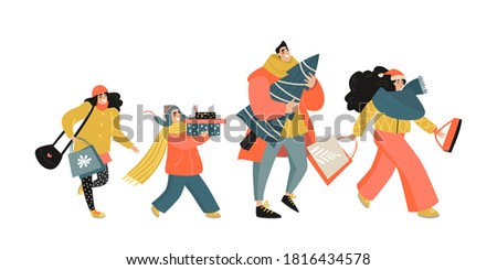 Happy family with shopping bags and Christmas gifts. Parents and kids after the Christmas sale. Isolated cartoon characters in flat style sale