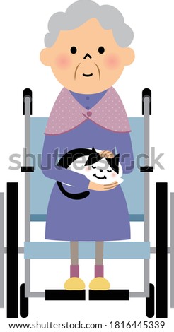 It is an illustration of a grandma sitting in a wheelchair holding a cat.