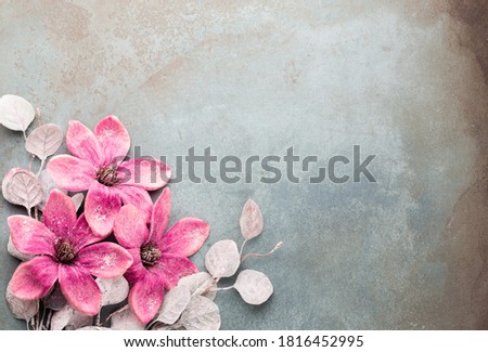 Beautiful Christmas pink flower on vintage blue background. Flat lay design. Copy Space. Horizontal.