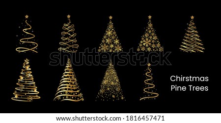 Golden Christmas tree design collection. Elegant template with Gold Shining Pine with Snowflakes. Vector illustration.