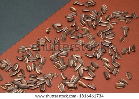 Black striped seeds on a brown background. Green paper on the upper left corner. Background for text or design