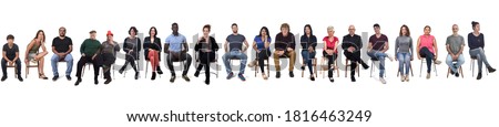 large group of mixed people siiting on chair on white  Royalty-Free Stock Photo #1816463249