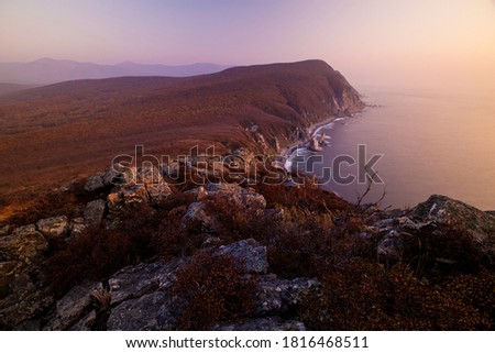 Sikhote-Alin Biosphere Reserve in the Primorsky Territory. Panoramic view of the rocky coastline of the nature reserve during pink sunrise