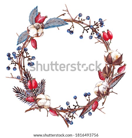 Winter wreath of colorful realistic  decorative elements. Dry plants, branch, cotton, fir, leaves, dog rose and wild grape berries.  Watercolor hand painted isolated frame on white background.