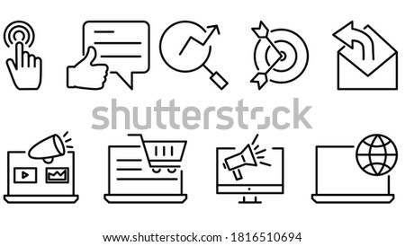 Vector graphics. Marketing SEO, Analytics, Advertising, Business Icon Set Linear Icons such as: Research, Internet Marketing, Advertising, Reviews, Marketing, Social Media, Email Marketing, Goal. Royalty-Free Stock Photo #1816510694