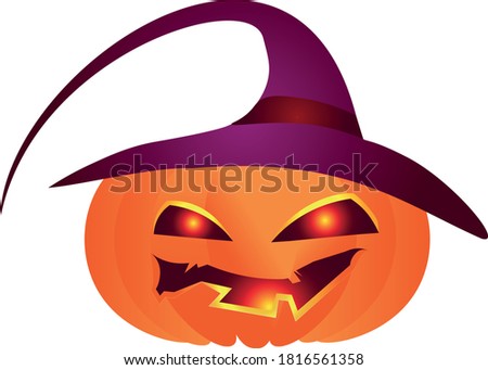 Pumpkin in purple hat. Vector icon illustration cartoon. Happy helloween