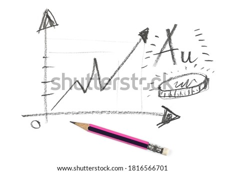 Graphite pencil financial business chart sketch, rising gold price hatching isolated on white background