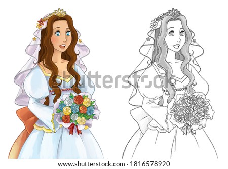 cartoon sketch scene with princess on white background - illustration for children