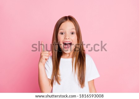 Close-up portrait of her she nice attractive lovely glad cheerful cheery girl pointing forefinger up find solution 1 September learn science isolated pink pastel color background