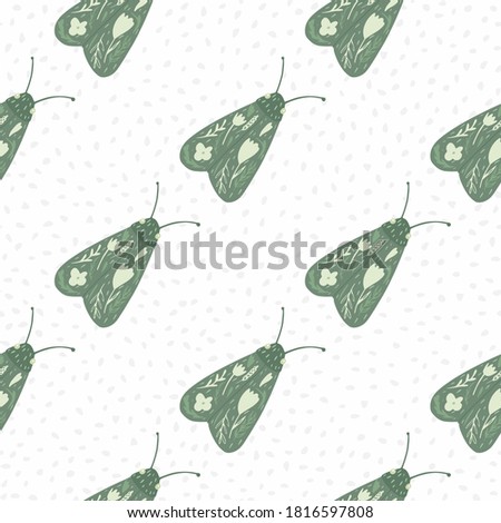Isolated seamless patten wit hand drawn night moth silhouettes. Simple green insect ornament on white background. Designed for wallpaper, textile, wrapping paper, fabric print. Vector illustration.