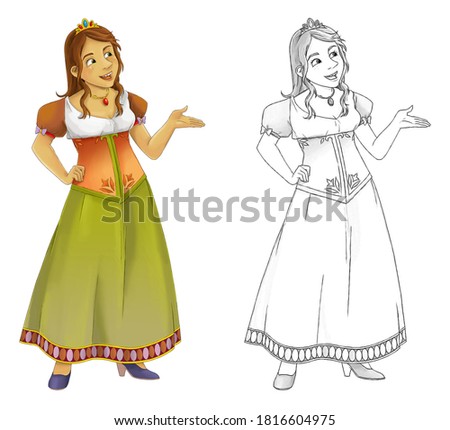 cartoon sketch scene with princess on white background - illustration for children