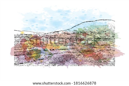 Building view with landmark of Asmara is the capital city of Eritrea. Watercolor splash with hand drawn sketch illustration in vector.