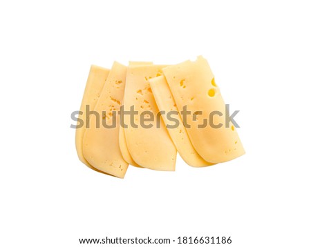 top view close-up of square cheese radamer slices isolated on a white background. Slices of swiss cheese.Maasdam - Dutch hard cheese with large holes. Royalty-Free Stock Photo #1816631186