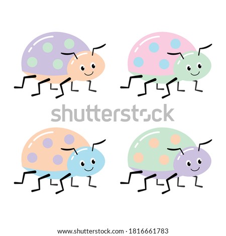 Flat vector set of cute ladybug. Colored beetle design template.