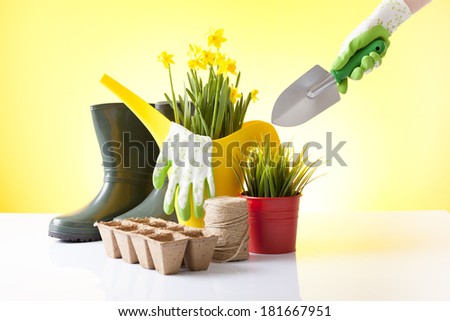 garden tools, boots and spring flowers
