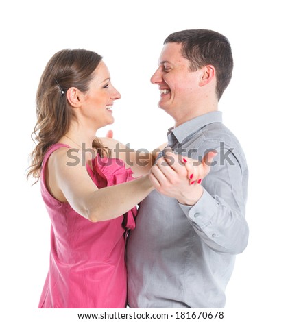 Portrait of happy couple. Attractive man and woman being playful. Isolated on white background.