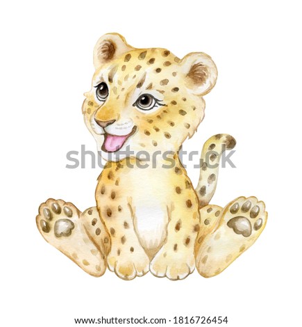 Cute leopard cub isolated on white background. leopard baby. African animals. Safari. Illustration. Template. Hand drawn. Greeting card design. Clip art.