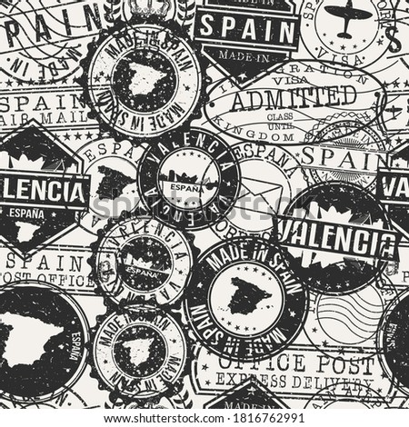Valencia, Spain Set of Stamps. Travel Passport Stamps Pattern. Made In Product. Design Seals in Old Style Insignia Seamless. Icon Clip Art Vector Collection.