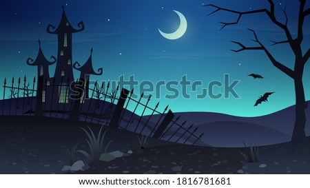 Vector spooky illustration with castle on moonlit night, halloween background Royalty-Free Stock Photo #1816781681