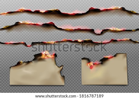 Burnt paper edges and parchment sheets with fire and black ash isolated on transparent background. Vector realistic set of borders and frames from scorched and smoldering paper pages with flame Royalty-Free Stock Photo #1816787189