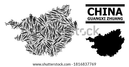 Virus therapy mosaic and solid map of Guangxi Zhuang Region. Vector map of Guangxi Zhuang Region is made of syringes and people figures. Template is useful for health care purposes.