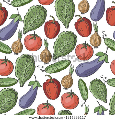 Seamless pattern with hand drawn vegetables. Light background for your kitchen. Vegetable background. Organic food. Vector illustration.
