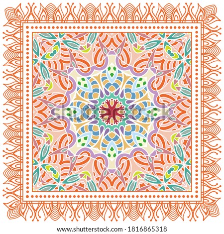 Decorative colorful ornament on white background, symmetric pattern with doodle lace frame. Tribal ethnic mandala decor. Bandana shawl, hijab, tablecloth fabric print, silk neck scarf, kerchief design