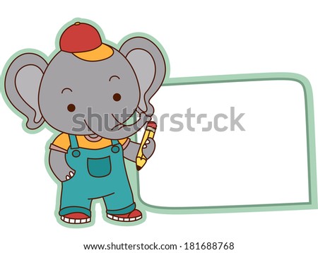 Illustration of a Ready to Print Label Featuring a Cute Elephant Holding a Pencil