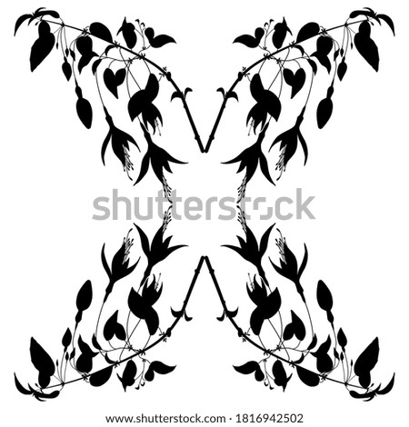 Rectangular floral decor with four branches of fuchsia plant. Black silhouette on white background.