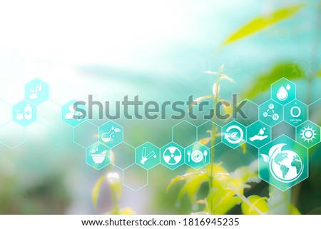 Blurred greenery background with copy space, Nature sustainable energy logo and AI technology icon. Agriculture and environmental concept. Ecology reuse and data analysis with internet of thing IOT