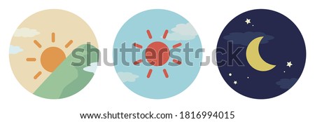 Morning, afternoon and evening images. Round icons, set of 3 types. Royalty-Free Stock Photo #1816994015