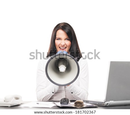 Angry and furious business woman screaming isolated on white