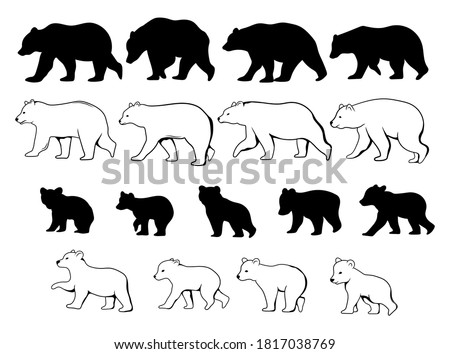 Set of moms and baby bears. Collection of silhouette mother with cute animals bears. Black and white illustration for the zoo. Tattoos.