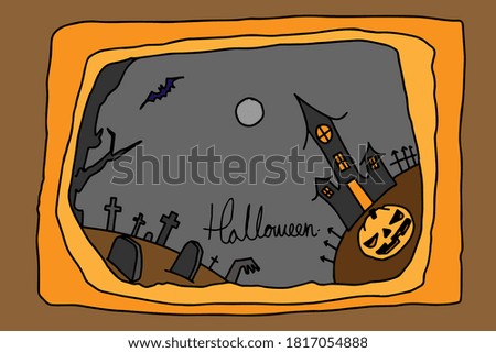 Halloween background vector illustration with haunted house and graveyard.