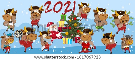 Happy chinese new year 2021 version. Zodiac of ox cartoon character traditional. New year 2021 cards. Chinese translation: New year 2021 of the ox.