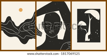 Set of three abstract minimalistic aesthetic backgrounds with woman face, sun, tree, shapes, thin lines. Trendy colorful vector illustration for social networks, web design in vintage boho style. Royalty-Free Stock Photo #1817069525