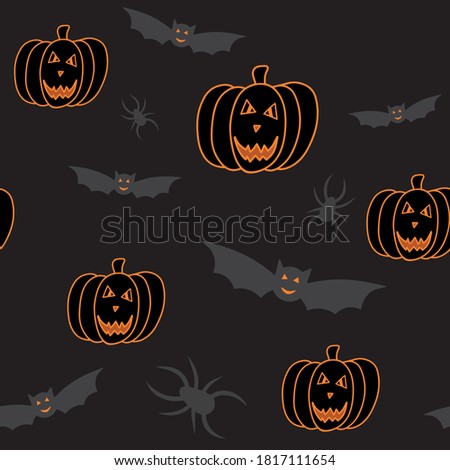 Halloween seamless pattern with bats, spiders, pumpkin on black background.Pumpkin with bats pattern for wrapping paper, postcards, home textile, costumes, wallpaper, template. Vector illustration