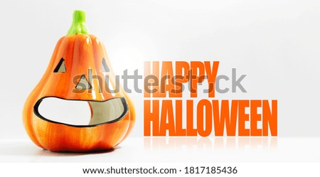 Happy Halloween text and orange pumpkin, isolated on white background.