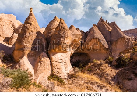 Rocky landscape in Cappadocia at sunset, Turkey. Travel in Cappadocia