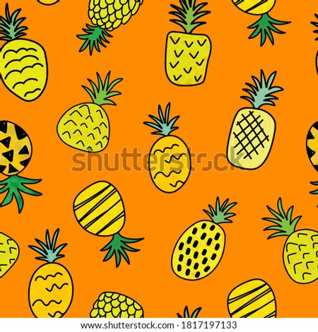 Seamless Hand drawn pineapple fruit doodle with orange background