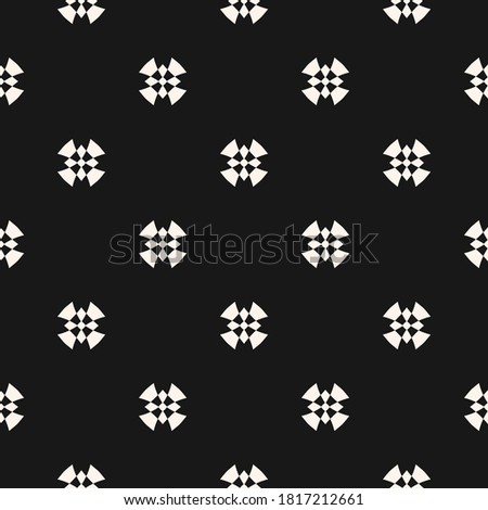 Geometric floral ornament. Simple raster seamless pattern. Monochrome ornamental texture with small flower shapes, crosses. Black and white abstract background. Dark repeat minimal design for decor